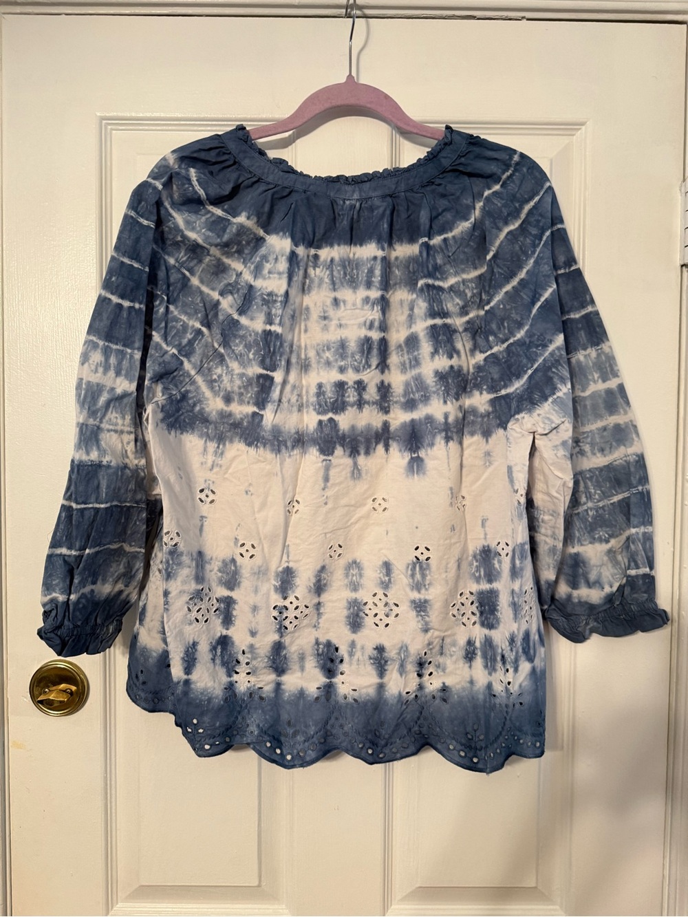 Lands' End Blue and White Tie-Dye Eyelet Peasant Blouse - Picture 5 of 8